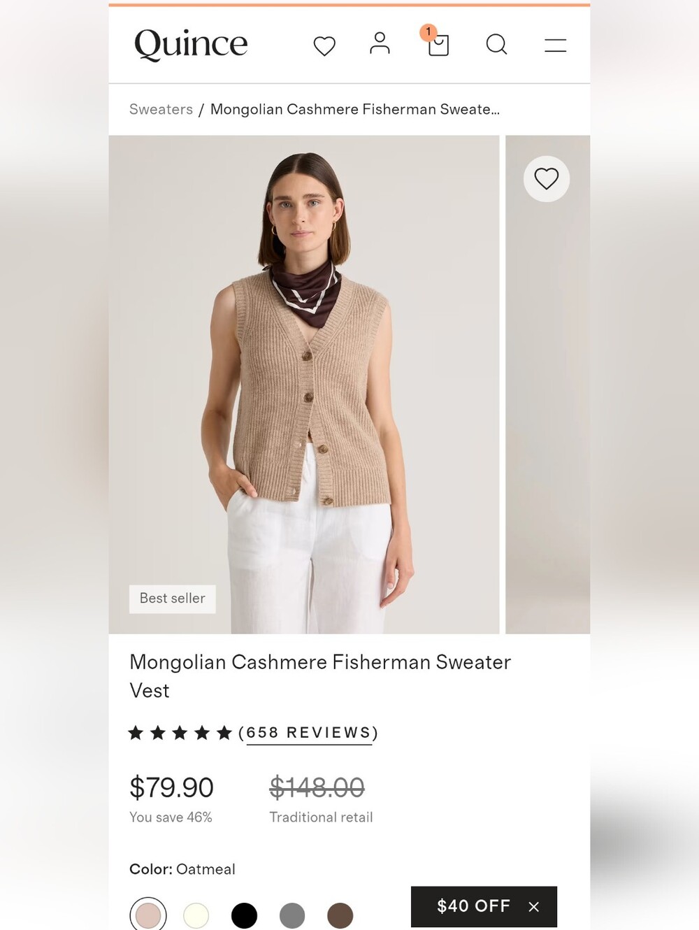New With Tag Quince XL Mongolian Cashmere Fisherman Sweater Vest